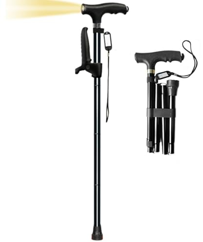 Liuer Bastón para hombre, plegable, ajustable, 82-92 cm, muletas con luz LED con mango ergonómico y punta giratoria antideslizante, para hombres y mujeres mayores (negro)