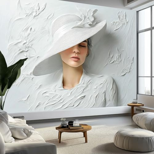 Rilievo Astratto Di Donna Con Cappello Carta Da Parati 3D Fotomurale 250 x 175 cm Bianco Murali, Per Soggiorno Divano Tv Hotel A Tema Corridoio Di Lusso Sfondo Dipinto Murale