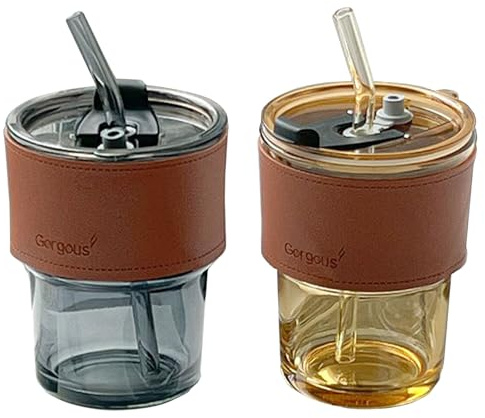Mulikrio 2 Pack Glass Tumbler with Lid, Straw and Cup Sleeve 400ml, Glass Cup Iced Coffee Glasses, Clear Leakproof Tumbler Cup for Iced Latte,Matcha, Smoothies, Cold Drinks (Amber+Smoky Grey, 400ml)