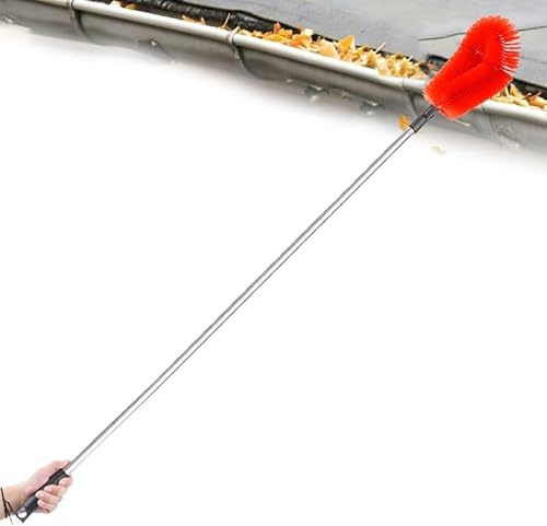Extra Long Gutter Cleaning Tool Extendable Roof Brush with Stainless Steel Rod Handheld Drain Cleaner No Ladder Required 1.2m Length Easy to Use (Red)