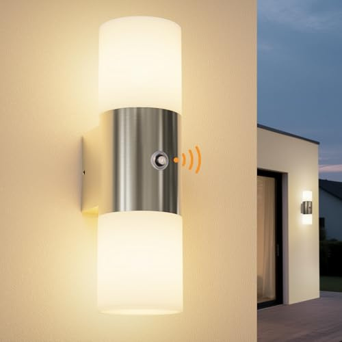 Allesgute Außenlampe mit Dämmerungssensor E27, Außenleuchte Gebürstet Edelstahl, IP65 Aussenlampe Max 60W, Wandleuchte Aussen Aluminium für Wand, Balkon, Einfahrt (Ohne Lampe)