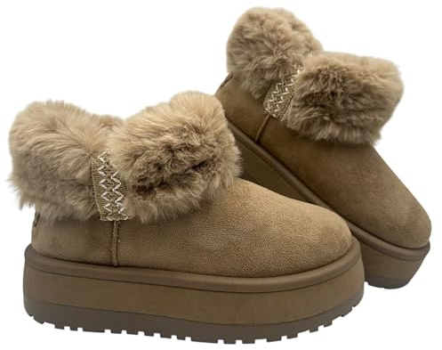 Imiss Women’s Faux Fur Lined Platform Ankle Boots Warm Suede Slip On Winter Shoes with Plush Collar 5cm Chunky Sole (Latte Khaki, Medium, Adult, Women, 6, Numeric, UK Footwear Size System, Medium)