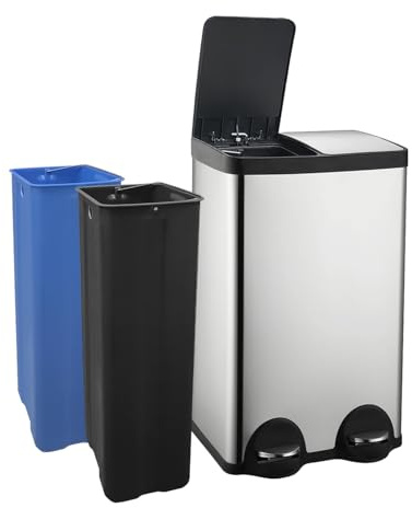 Ullege Mülleimer 60L, Mülleimer 2 Fächer 2x30L, Mülltrennsystem, Silber | Abfalleimer Mit Deckel, Edelstahl, Treteimer Für Die Küche, Herausnehmbare Inneneimer, Mülltrennsystem 2Fach, Softclose