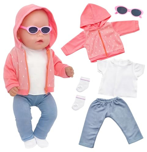 Atomvia 5 Stück Puppenkleidung für 35–45 cm Baby Puppen, Puppen Outfit mit Reißverschluss Hoodie Jacke, T-Shirt, Blauer Hose, Pinker Sonnenbrille & Gestreiften Socken, Puppen Zubehör (Ohne Puppe)