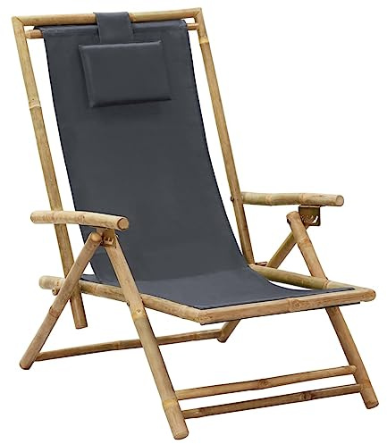 Ziaphsol Justerbar relaxstol, mörkgrå, bambu och tyg, vikbar, 4 positioner, för trädgård, balkong, terrass, bekväm utomhusstol