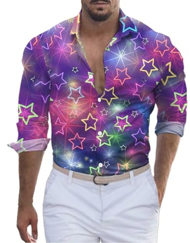 Generisch Glitzer Hemd Herren Faschingskostüme Männer Silvester Outfit 80er Jahre 80iger Move Kostüm Karneval Hemden Langarm Pailletten Oberteil Disco 70er Glitzerjackett Jacket Top Hippie