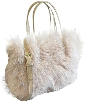 GOXQIT konstpäls shoppingväska, damhink, plysch-damhandväskor, mjuk vinteraxelväska, fluffig fuskpäls handväska för college, Beige, Einheitsgröße
