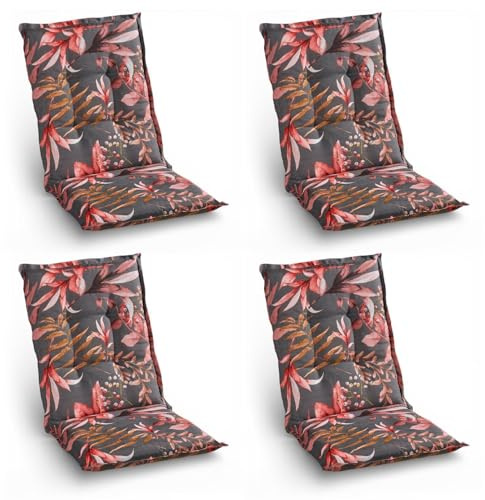 Home4You 4er Set Mittellehner-Stuhlauflagen mit Blütenmuster – Sitzauflage 108 x 48 x 7 cm – Anthrazit Rot – Polyester Baumwolle Gewebe – Stehsaum & Gurtband – Gefertigt in Deutschland