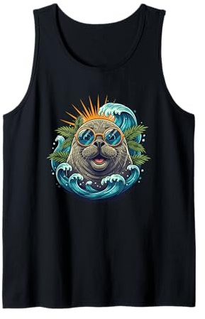 Cool Sunglasses Seal Wave Sunrise Tropical Beach Ocean Tank Top