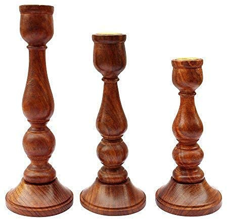 Set di 3 portacandele in legno, marrone, legno tornito con inserto in ottone dorato, decorazione per la casa