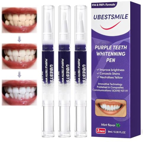 3 Piezas Teeth Whitening Pen Violeta, Blanqueadores Dentales, Cabeza de Cepillo Aplicación Adjunta, Gel Blanqueador de Dientes Apto Elimina Manchas y Aclara Dientes Unisex
