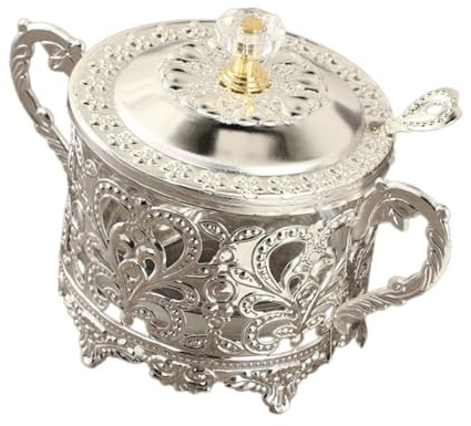 BOKIOESDE Hantverk Liten godisburk sockerskål med lock Silver 14.5x10.5 cm | och sked Dekorativ sockerburk godisskål behållare förvaring återanvändbar skrivbordsorganisatör , Silver , 14.5x10.5 cm