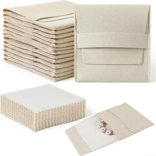Microfiber smyckepåsar 8 x 8 cm beige dragpåsar för ringar örhängen förvaring researrangör set med 120