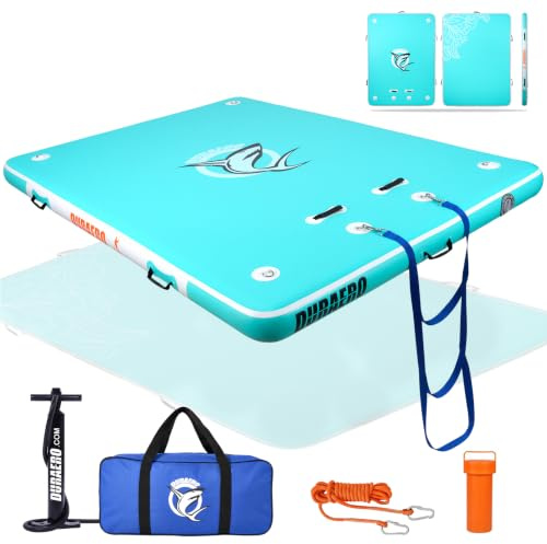 DURAERO Aufblasbare Schwimmplattform 240 x 180 x 15 cm, Badeplattform für bis zu 4 Personen, Drop-Stitch PVC Floating Dock für See, Pool und Boot, mit Leiter, Pumpe, Tragetasche und Reparaturset