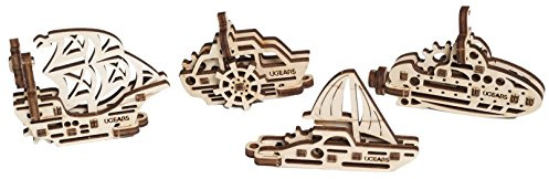 UGEARS UTG0023 70035 U-Fidgets Schiffe Puzzleteile-Set mit 4 Modellen-Anti-Stress-3D-Puzzle-Selbstbausatz-4 Mini Miniaturmodell-Mechanische Modelle-Sperrholzbaukasten