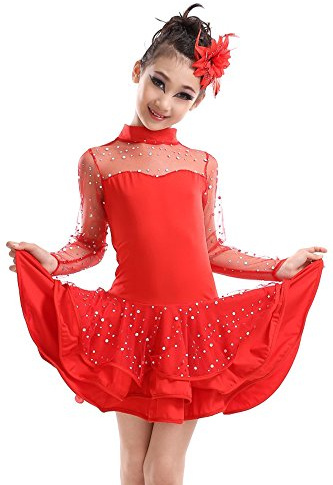 BOZEVON Latino Barnens Tutu Balklänning för Flickor Paljetter Latin Dans Kostym, Röd, EU 130 = Tag 140 / Altura: 135-145 cm