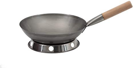 AAF Nommel ®, WOK SET, Pfanne 30 cm Ø runder Boden Carbon Stahl für Gasherd und Induktion Mulde + Wok Ring zum abstellen des Wok