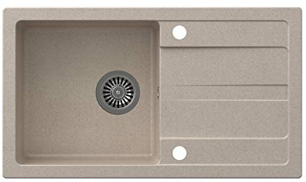 VBChome Spüle 77 x 44 cm Beige Granit Einzelbecken Einbauspüle Abtroffläche gesprenkelt reversibel Verbundspüle + Siphon Spülmittelspender
