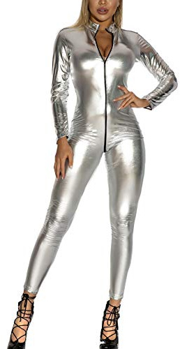 FEOYA - Vestido erótico de mujer, ropa de noche, piel, elástico, mono largo, disfraz, adultos, traje de gata, catwoman, escote push up, con cremallera delantera
