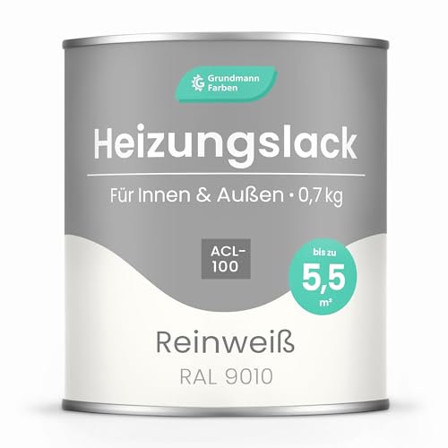 GRUNDMANN Heizkörperlack - 0,7 Kg - Heizungslack, Heizungsfarbe, Heizkörperfarbe, Acryllack - ACL 100 - RAL 9010 Reinweiss (Warmes Weiss)