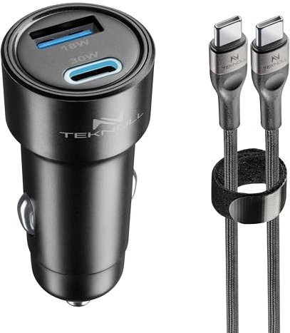 Teknoll - Chargeur Rapide 30 W - 2 Ports : USB 18 W Charge Adaptive + USB-C 30 W Power Delivery - Câble USB-C 1 m Inclus - LED Active - Charge sûre dans la Voiture - Convient à Tous Les Smartphones -