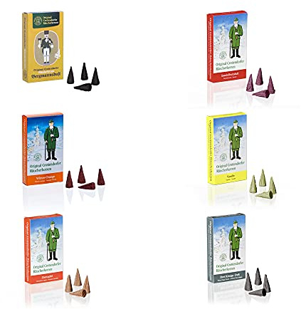 Crottendorfer Räucherkerzen Bergmann 6er Set - Bergmannsduft + Sandel + Winter-Orange + Vanille + Zimtapfel + 2 Königsduft - 144 Stück - Größe: M - Made in Germany
