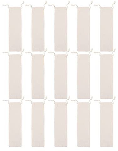 15Pcs Cotton Linen Drawstring Pouch for Cutlery and Straws, Reusable Carrying Pouch Storage Bags for Home, Kitchen, Camping, Beige 8cmX 25cm