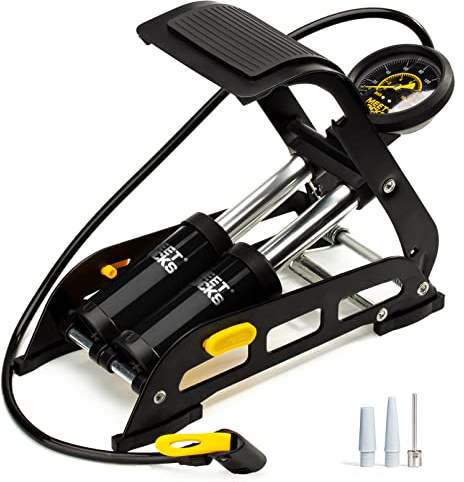 MEETLOCKS Double Cylinder Barrel Bike Foot Pump160PSI Aluminum Body Floor Air Pump with Precisional Accurate Pressure Gauge Smart Valve Head for Presta Schrader & Deutschland Valve Tire Pumps Black