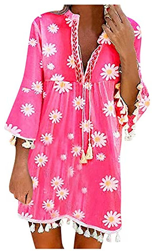Damen Sommerkleid,Abendkleider rosa,Kleider Party,ana Alcazar Kleid,Kleid mit rückenausschnitt,wickelkleid,Kleider Italienischer Stil,Rock Weiss(D-Rosa,XXL)