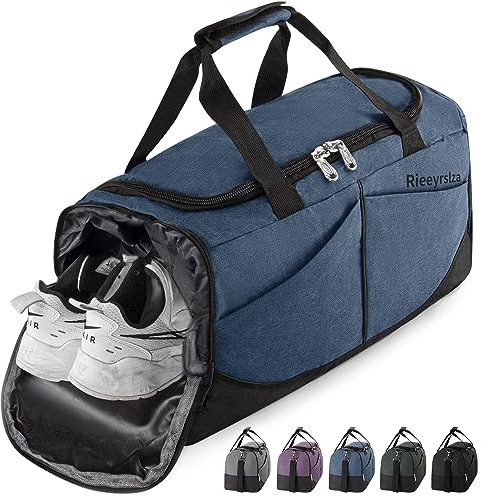 Rieeyrslza 40L Sportväska med Skolåda Stora Resväskor för Män och Kvinnor Vattentät Träningsväska Fitness Träningsväska Handbagageväska Axelremsväska(Blå o2)