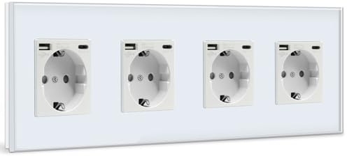 BSEED USB Wandsteckdose Vierfach Weiß Schuko Steckdose mit USB Anschluss (Max. 2.1A) Typ C Port Unterputz Steckdose Glas Schutzkontaktsteckdose Ladegerät für Handys, Laptops etc