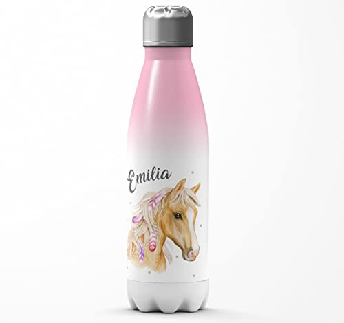 Mikalino Kinder Edelstahl Trinkflasche Pferd mit Federn in der Mähne und Wunschname Einschulung Geschenk Geschenkideen Thermosflasche Mädchen Junge, Farbe:rosaweiss, Grösse:500ml