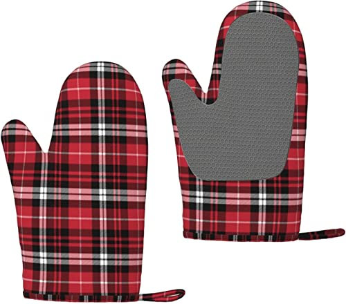 Mitaines de Four, Tartan à Carreaux Rouge Noir, Gants de Cuisine antidérapants en Silicone, Gants de Cuisson résistants à la Chaleur Une Paire