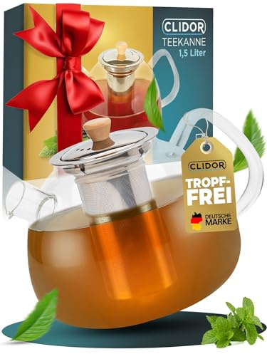 CLIDOR Tetera con filtro – 1,5 litros, grosor de vidrio reforzado para un mejor aislamiento, tetera con calientaplatos utilizables, tetera de cristal, tetera térmica, robusta tetera (1500 ml)