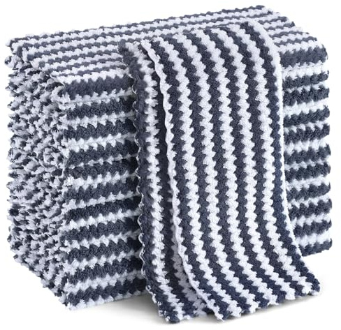 Homaxy 12 Pack Kitchen Dish Cloths, Ultra Soft and Absorbent Dish Towels, Reusable Fast Drying Microfiber Cleaning Cloth, Coral Velvet Wave Design No-lint, 10 x 10 inches, Dark Grey