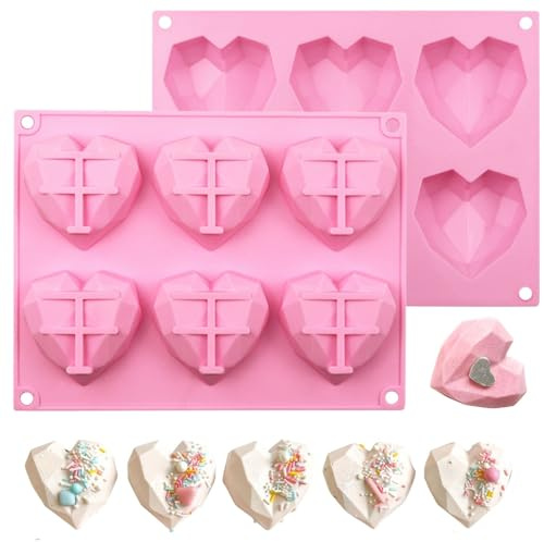 3D Heart Silicone Chocolate Mould, 6-Cavity Valentine's Day Mold | Diamond heart cavities for chocolate, hot chocolate bombs, cake, candles and soap crafts
