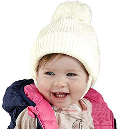 Generisch Baby Mütze Winter Babymütze Wintermütze Creme weiß neutral mit Bommel 6640 Gr. 40