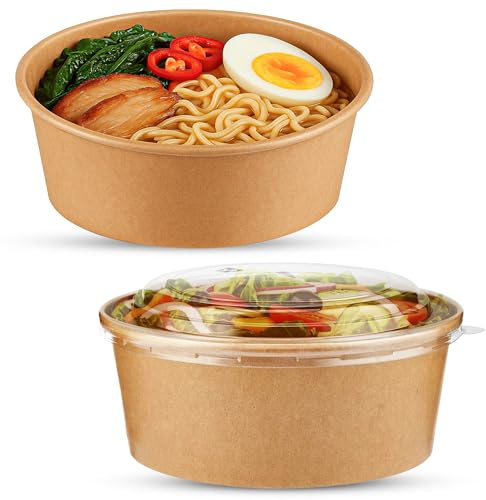 CHEF ROYALE Lot de 20 bols à salade en papier kraft de 1300 ml avec couvercles – Bols jetables et réutilisables pour aliments chauds/froids – Conteneurs à soupe étanches – Bols d'emballage en carton