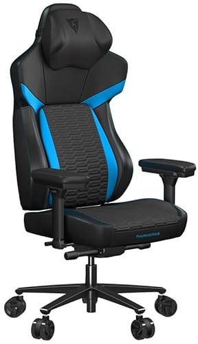 ThunderX3 CORE Racer - Ergonomischer Gaming Stuhl, Sitzfläche neigbar, Lendenwirbelstütze, Memory Foam Kopfstütze, Fußstütze, Kunstleder – Blau