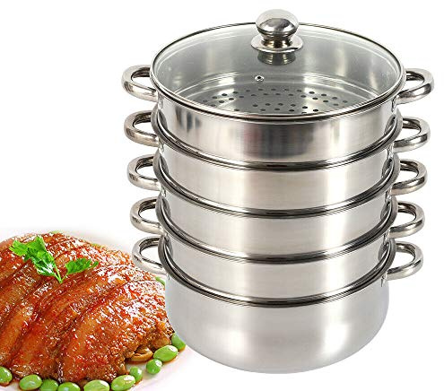 Steamer i rostfritt stål, 5-lagers ångkokare i rostfritt stål med glaslock, hög volym ångkokarset för alla typer av spisar (30 cm)