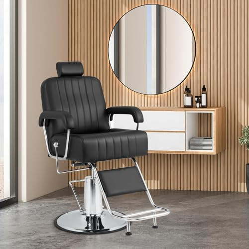 RELAX4LIFE Poltrona Parrucchiere, Sedia Barber 360° in Pelle PVC con Braccioli/Poggiapiedi, Schienale 100°-135°, Poggiatesta/Altezza Regolabile, Max 150KG per Salone (Nero, 106x60x(108-121) cm)