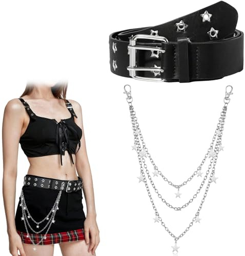 VireEyU Ceinture Punk en Cuir avec Chaîne pour Femmes - Cuir Lisse Noir, PU, Jeans Punk Rock Métallique pour Jeans, Robes et Shorts, Accessoire Unique