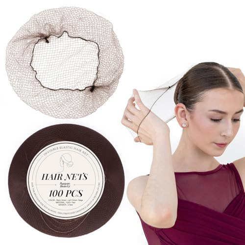 100Pcs Brown Hair Nets for Women, 20 Inches 50cm Hair Net Comfortable Invisible Long Lasting Elastic Lightweight Hair Nets for Ballet Bun Girls and Women Men (100Pcs,Brown)