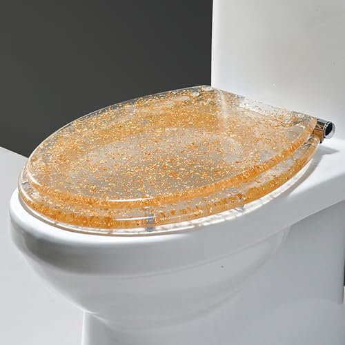 Care Spring Comfort Toilet Seat with Slow Close Toilet Lid, Transparent Resin Toilet Seats Cover with Fixing Adjustable Hinge, Oval Bathroom Toilet Cover Fit Most Standard U/V/O Toilet,Gold