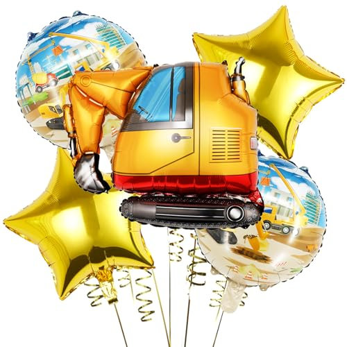 KOBOKO Bagger Luftballons Geburtstag, 5 Stück Folienballons Mit Stern, Baustellen Deko für Kindergeburtstag, Helium Ballons für Jungen