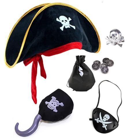 AYNKH 5 Stück Piratenkapitän Kostüm Zubehör Set, Piratenhut, Totenkopf Augenmaske, Piratentuch Haken, Schwarzer Geldbeutel, Piraten Ring, Halloween Party Zubehör Piratenkostüm für Kinder Erwachsene