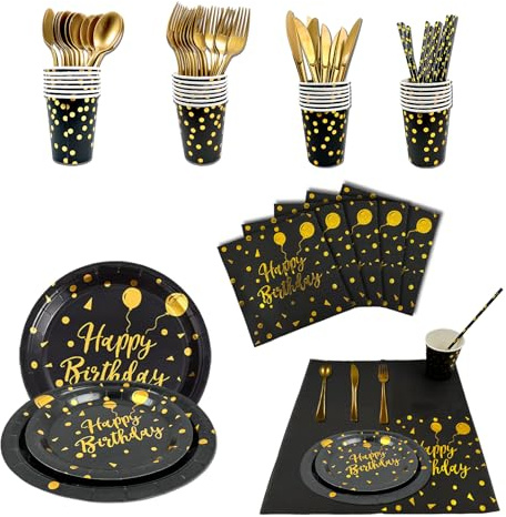 DYMHQ 192 Stück Wiederverwendbar Happy Birthday Dekorationen Gabeln Löffel Messer für Hochzeit 24 Gäste (Schwarz)