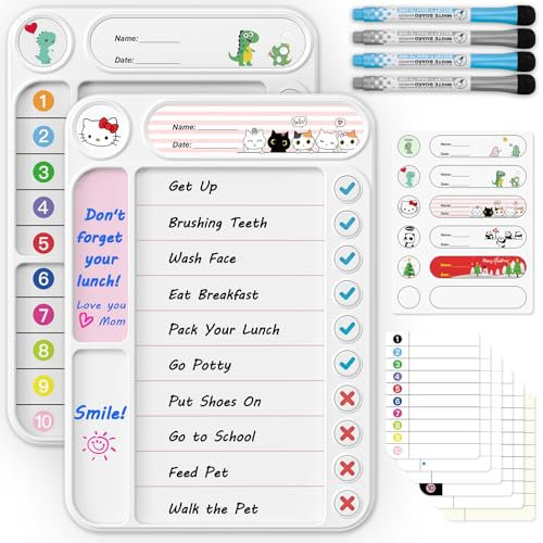 2 Pcs Magnetic Chore Chart for Kids, ADHD Task Tracker Easy-Check Routine Dry Erase Board, to-Do List Planning Tool with Stand for Fridge/Desk/Home/School, 12 Reusable Sheets, 4 Markers-Wool White