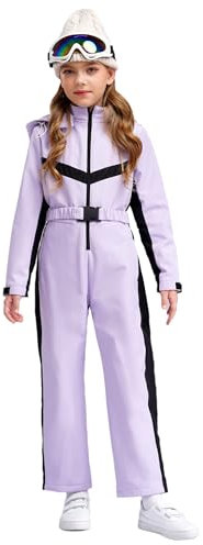 TiaoBug Kinder Ski-Overall mit Kapuze Mädchen Jungen Einteiliger Schneeanzug mit Gürtel Skianzüge Jacken und Lange Hose Wasserdichter Overall Violett 134-140