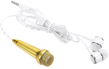 MECCANIXITY Mini micrófono pequeño micrófono portátil con auriculares para cantar, grabación de voz, video para teléfono, computadora, portátil, color dorado